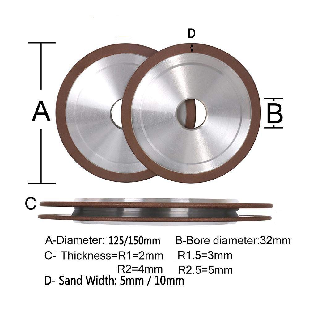 125mm 150mm Mola diamantata Mola in resina per smerigliatrice metallo duro R1 / R1.5 / R2 / R2.5 150Grit, R2.125mm larghezza sabbia 5mm