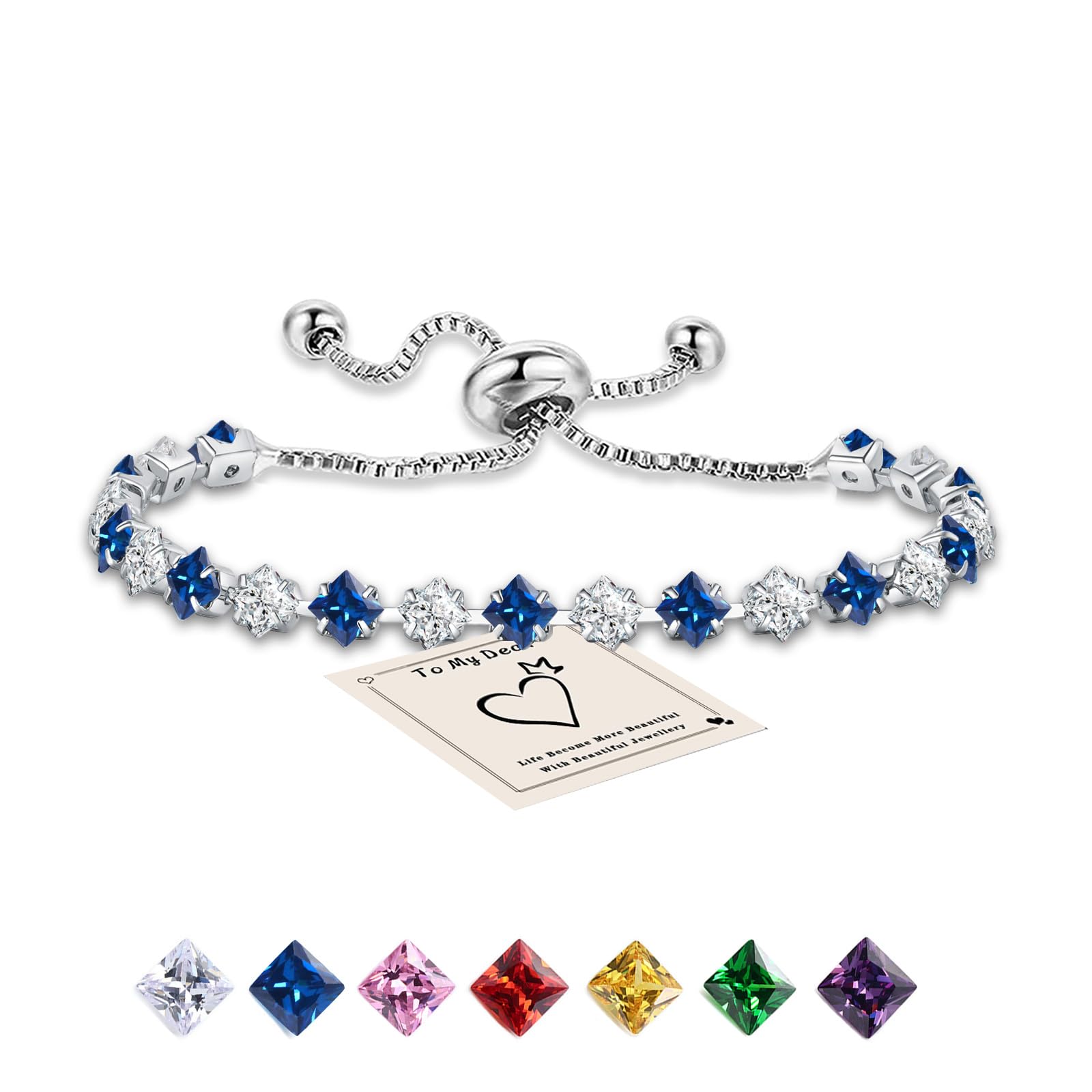HEEYABracelets for Womens, Sterling Silver Plated Tennis Bracelet for Women, Adjustable Birthstone Bracelets Ladies Jewellery Birthday Presents for Her with Box & Card