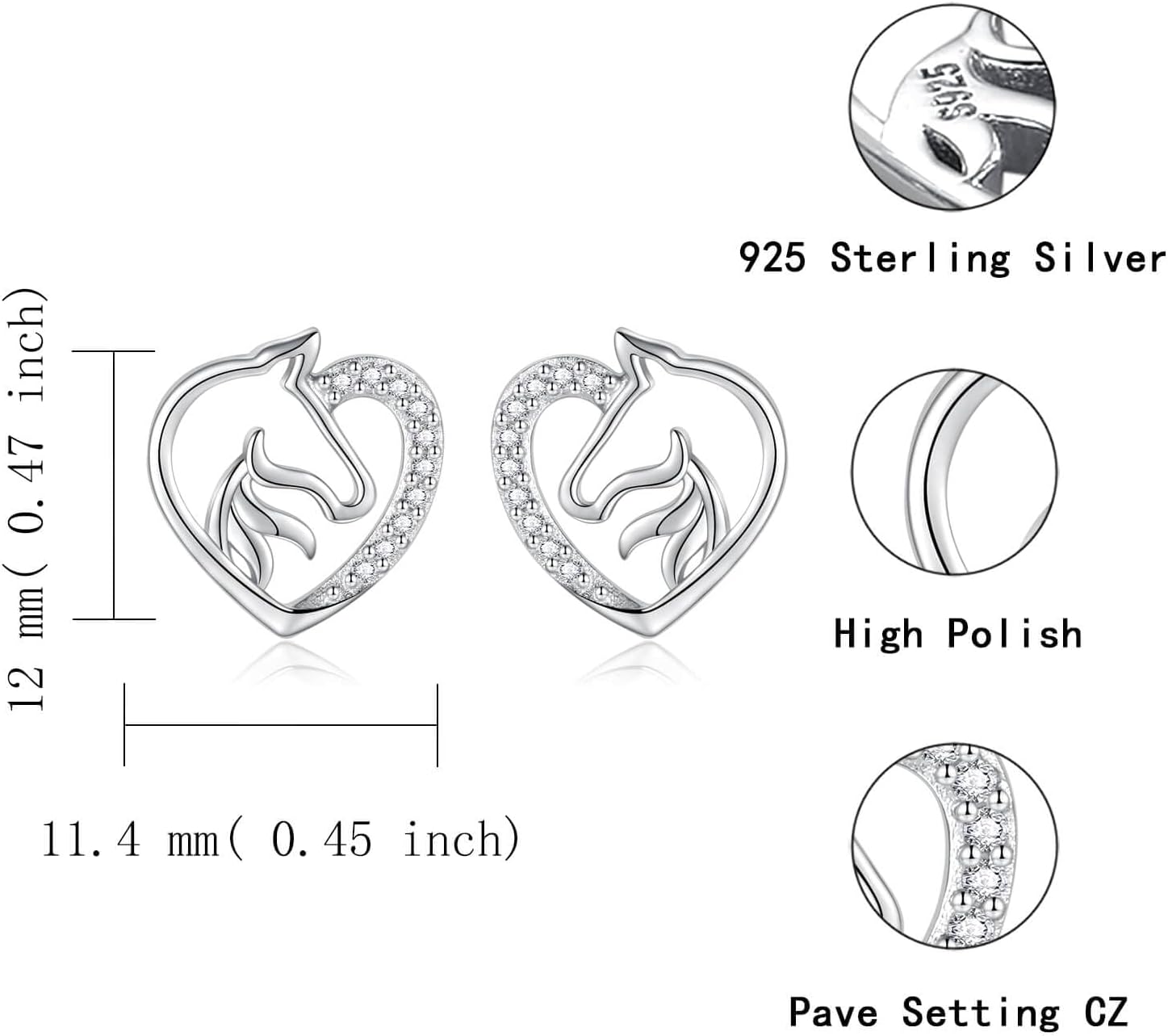 Hypoallergenic Horse Stud Earrings for Women 925 Sterling Silver-Animal Heart Shape Horse Ear Studs for Young Ones-Jewelry Gifts for Horse Lovers