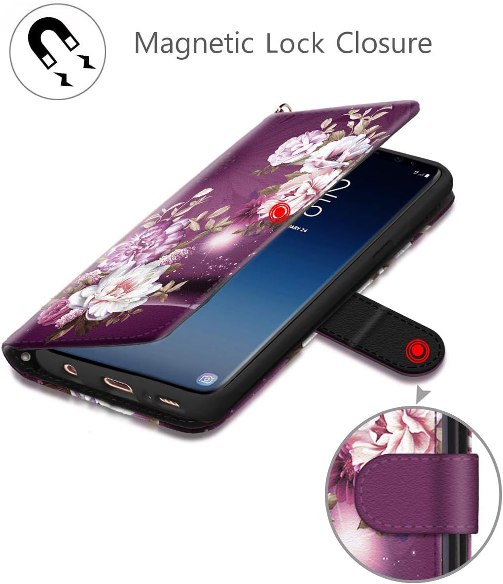 Galaxy S9 Case, Hocase PU Leather Full Body Protective Wallet Case Cover with Credit Card Holders, Wrist Strap, Magnetic Closure for Samsung Galaxy S9 (SM-G960) 2018 - Burgundy Flowers