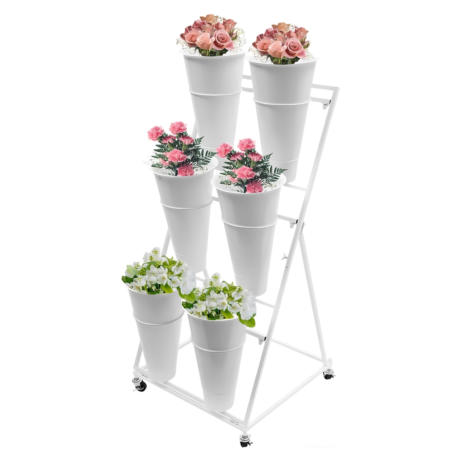 KEPMOGOH Flower Display Stand With Buckets,Flower Holder With Wheels, Moving Bouquet Shelf Rack For Patio Garden Balcony Flower Shop, Outdoor Flower Pop-Up Events (White Shelf 6 Bucket) — image 1