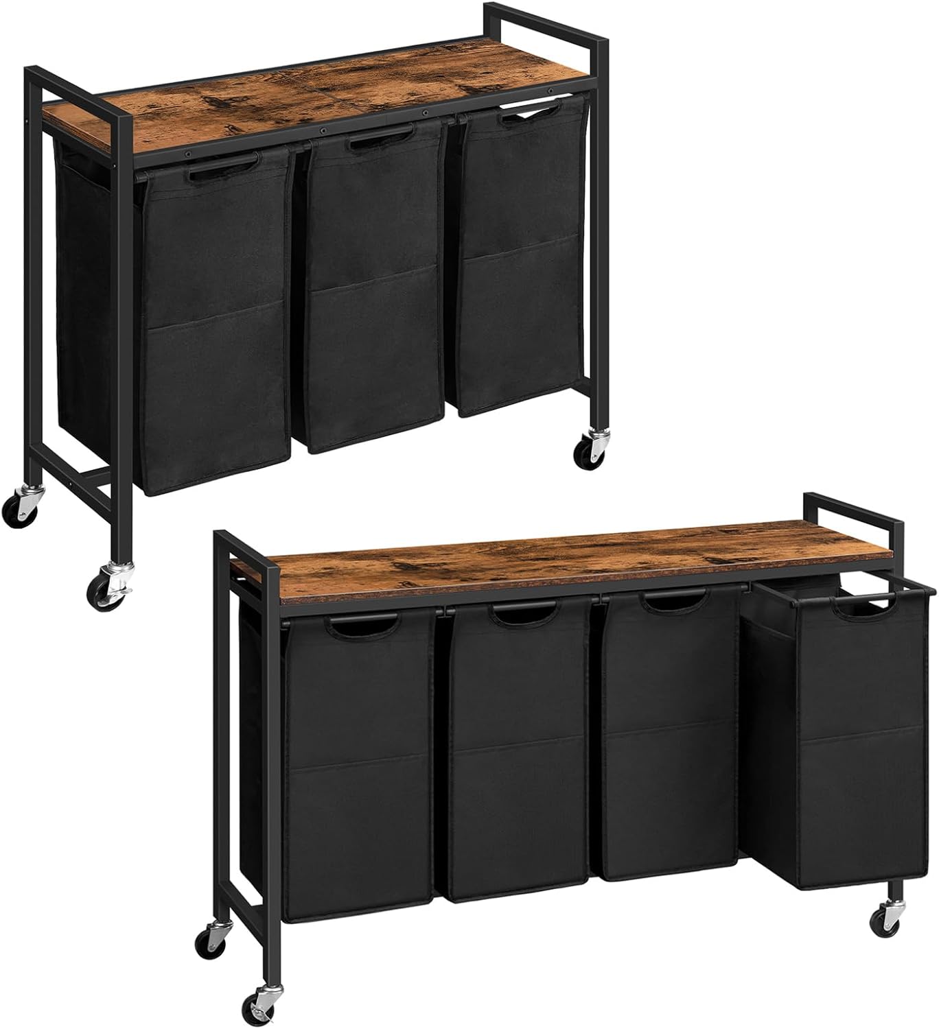 HOOBRO Laundry Hamper, Laundry Basket with Wheels, Rolling Cart, Pull-Out and Removable Oxford Fabric Laundry Bags, Rustic Brown and Black BF76XY01-BF04XY01