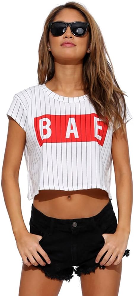 FV RELAY Women's BAE Short Sleeve O-Neck Sexy Striped Crop Top Loose Tee Shirts (L) White