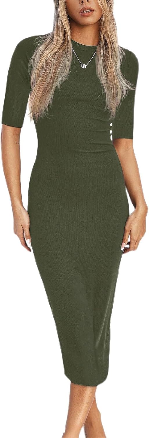 REVETRO Women's Spring Midi Bodycon Dresses Fall 3/4 Long Sleeve Crewneck Ribbed Knit Fitted Casual Dress
