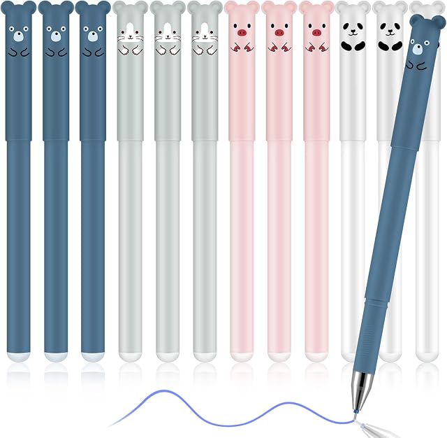 Erasable Gel Ink Rollerball Pens, 12Pcs Blue 0.35mm Fine Tip Ballpoint Cute Cartoon Animals Pen Set for Adult Kids Writing Bullet Journal Note Taking School Office Supplies