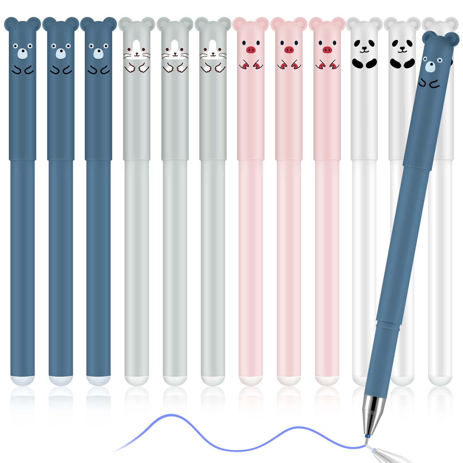 Erasable Gel Ink Rollerball Pens, 12Pcs Blue 0.35mm Fine Tip Ballpoint Cute Cartoon Animals Pen Set for Writing Bullet Journal Note Taking School Office Supplies