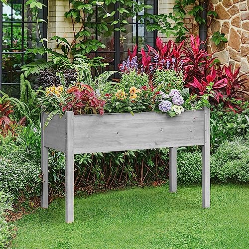 Image of Yaheetech 1pc Raised Garden Bed Outdoor with Legs Horticulture Elevated Wood Planter Boxes w /Stable Rectangle Structure Standing Planter for Vegetables Flowers Herbs Planting,Gray | Fir wood with black non-woven fabric liner offers elevated planting, saves patio space, and enhances garden display.