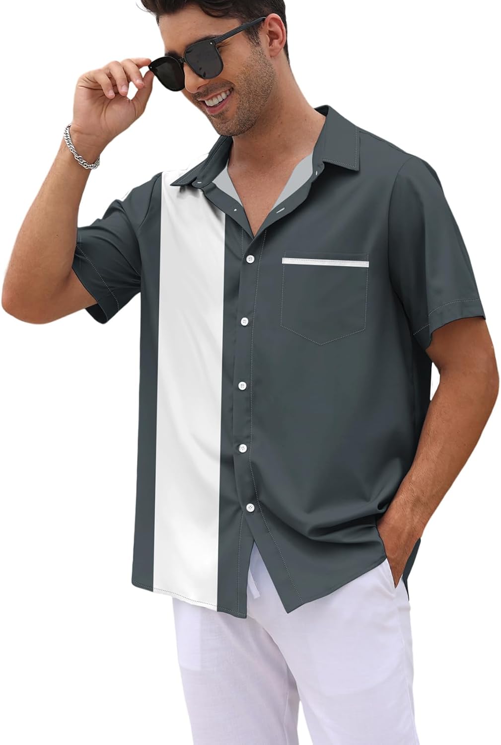Men's Vintage Bowling Shirts 1950s Casual Short Sleeve Button Up Contrast Shirt Summer Color Block Cuban Shirts - Image 3