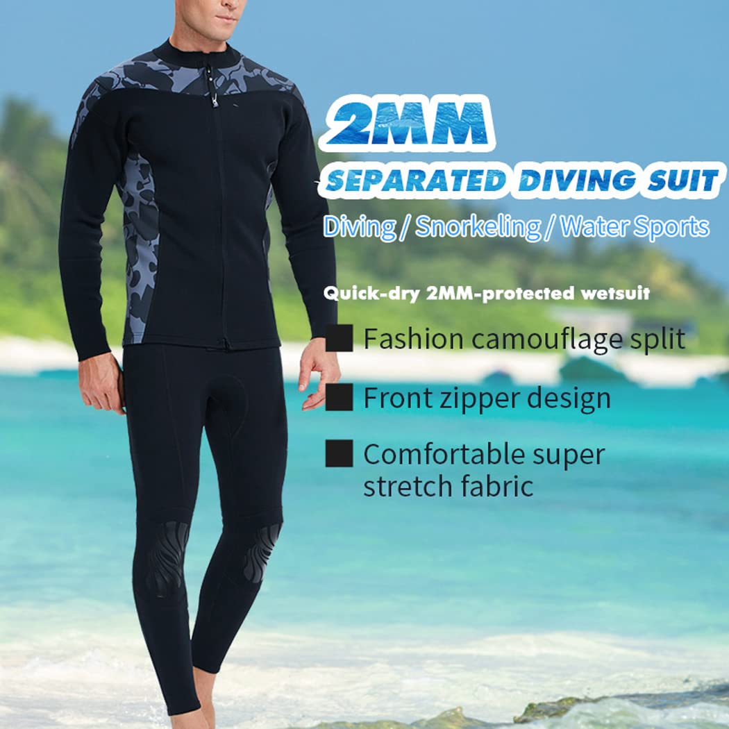 LANGWEI Mute Uomo 2 Pezzi 2MM Neoprene Camo Stampa Cerniera Anteriore Divisa Mute da Sub per Sport Acquatici Kayakboard Snorkeling Surf Nuoto