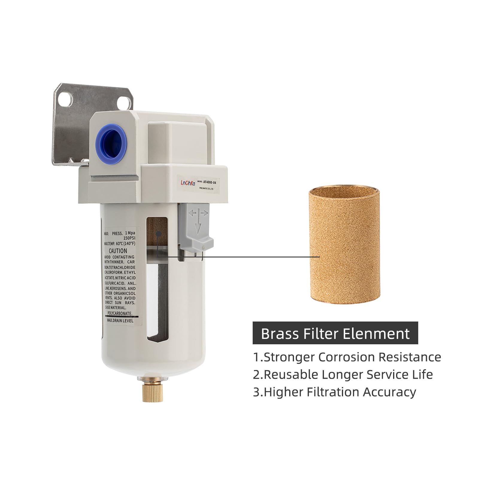 Filtre de sécheur d'air industriel 1/2" NPT, 0-150 psi, séparateur d'eau pour compresseur d'air, filtre de compresseur d'air AF4000-04, élément en laiton de 5 microns, vidange semi-automatique