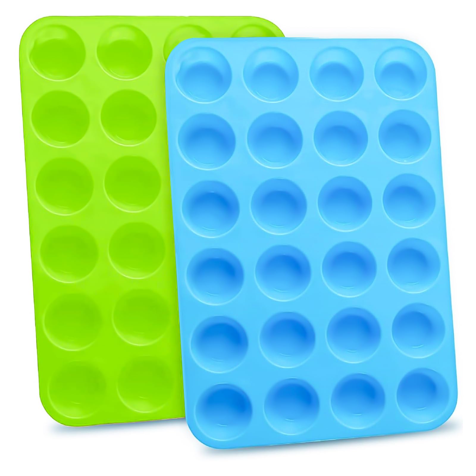 JSUOEO Mini Muffin Pan 24 Cups 2 Pack Silicone Cookies Cupcake Bakeware Tin Round Soap Tray Baking Mould Non Stick, Blue + Green