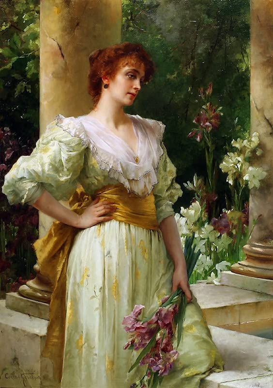 Toile Conrad Kiesel femme en blanc avec iris | Peinture murale salon 60x90cm