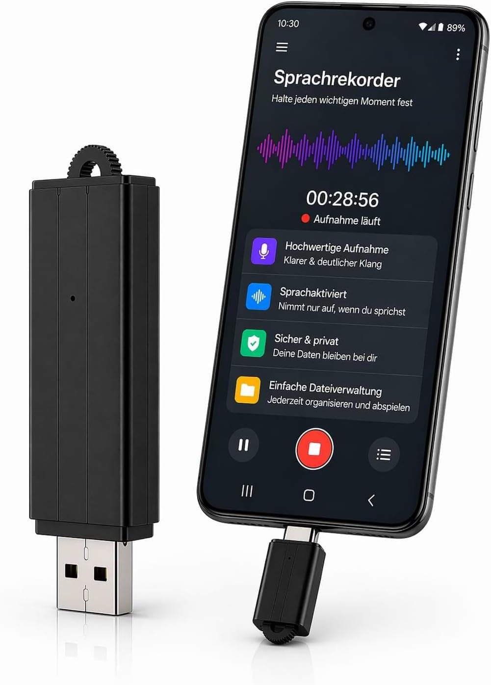 USB Audio Recorder 288 Hours | Digital Voice Note-Taker for Meetings, Lectures & Memos | Long Battery Life | Hands-Free & Continuous Recording | Plug & Play USB File Transfer