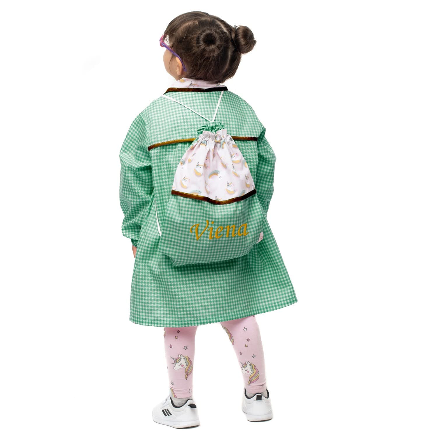 Nenel Conjunto Escolar para Colegio o guardería: Mandilón, babi o Bata Escolar + Bolsa merienda Bordado con el Nombre. Modelo Unicornios