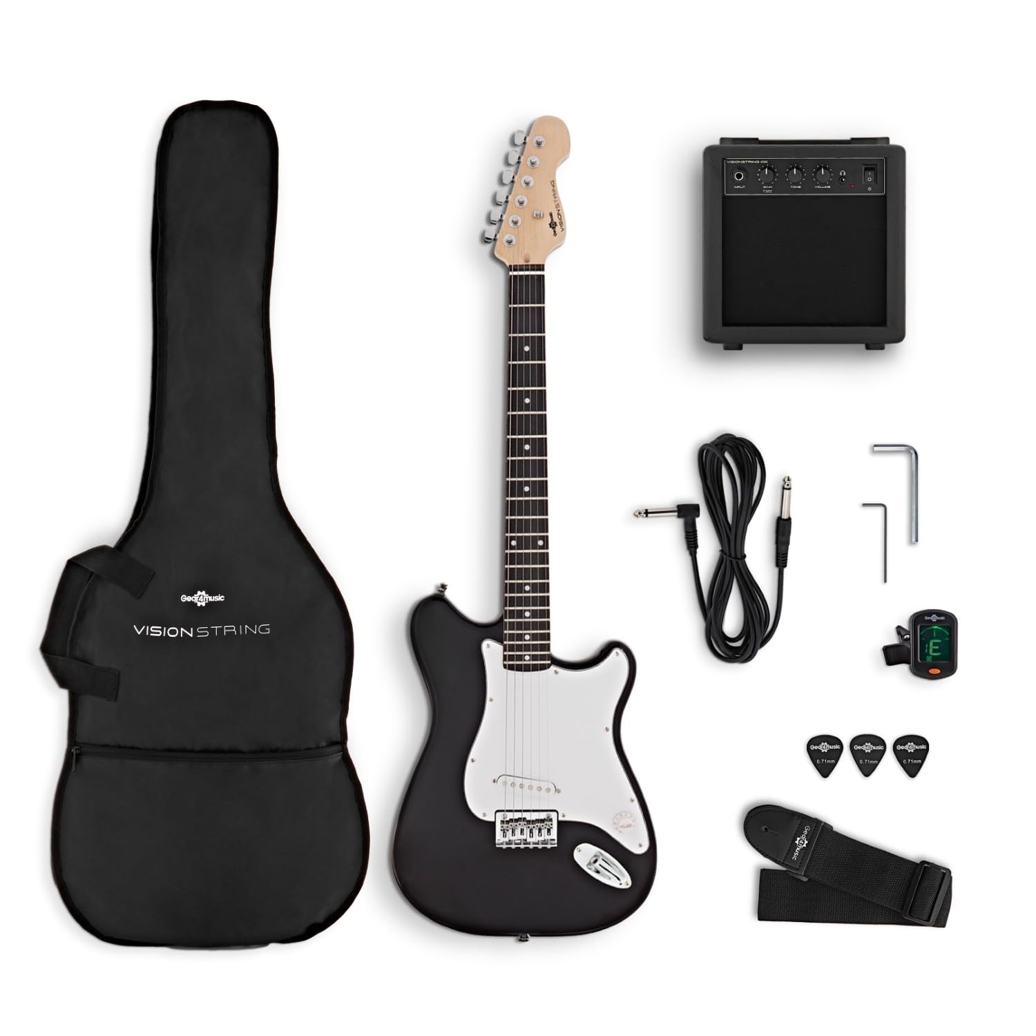VISIONSTRING Kit Guitare Électrique 3/4 avec Ampli 10W, Accessoires - Noir | Pour Enfants et Débutants, Manche en C, Double Pan Coupé pour Accès Complet, Ampli 10W, Housse, Sangle, Médiators, Accordeur