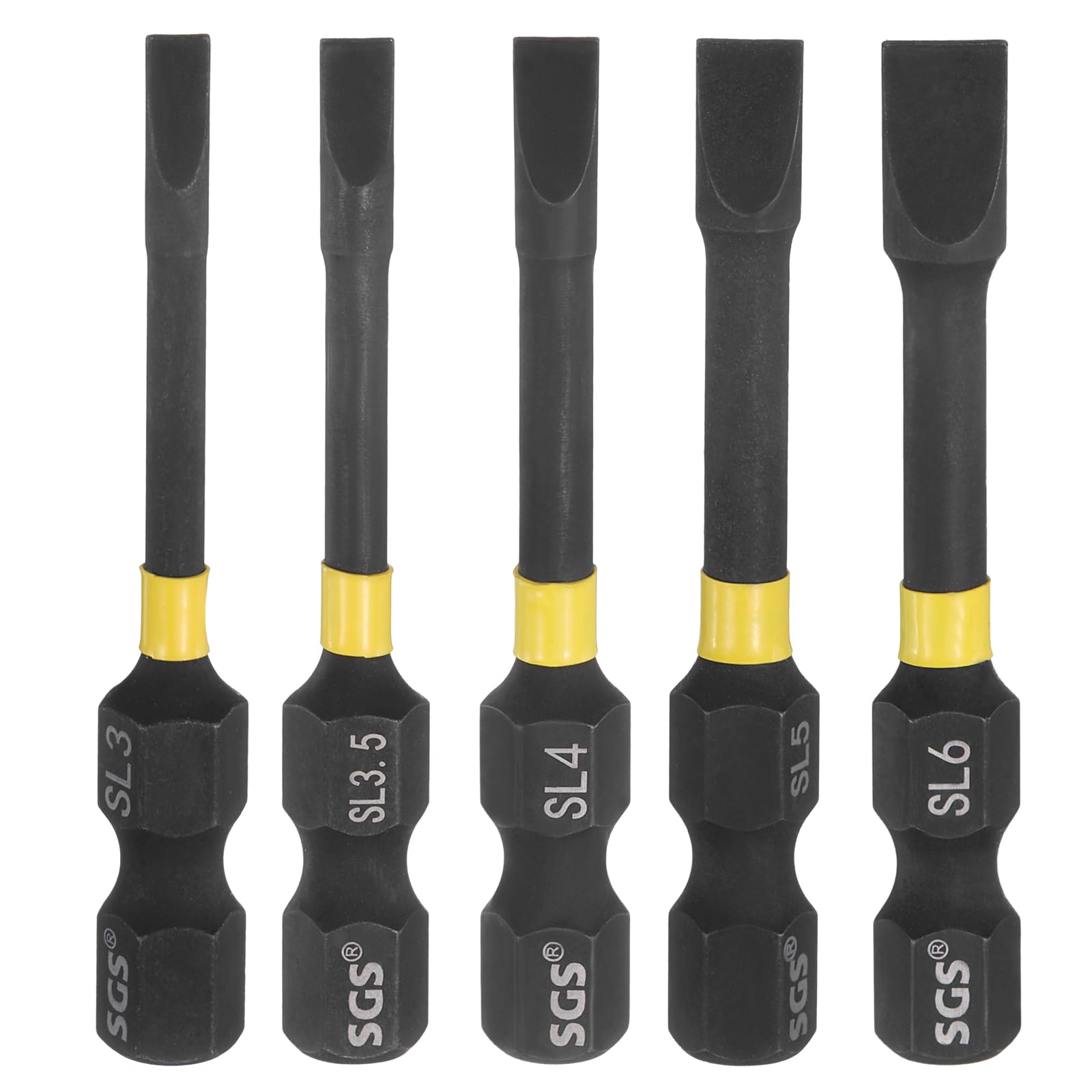 sourcing map 5pcs SL3-SL6 Slotted Impact Screwdriver Bits 3mm-6mm Slotted Tip 1/4" Hex Shank 50mm (2") Long Magnetic Flat Head Phosphated S2 Steel Screw Driver Drill Bits Electric Power Tool