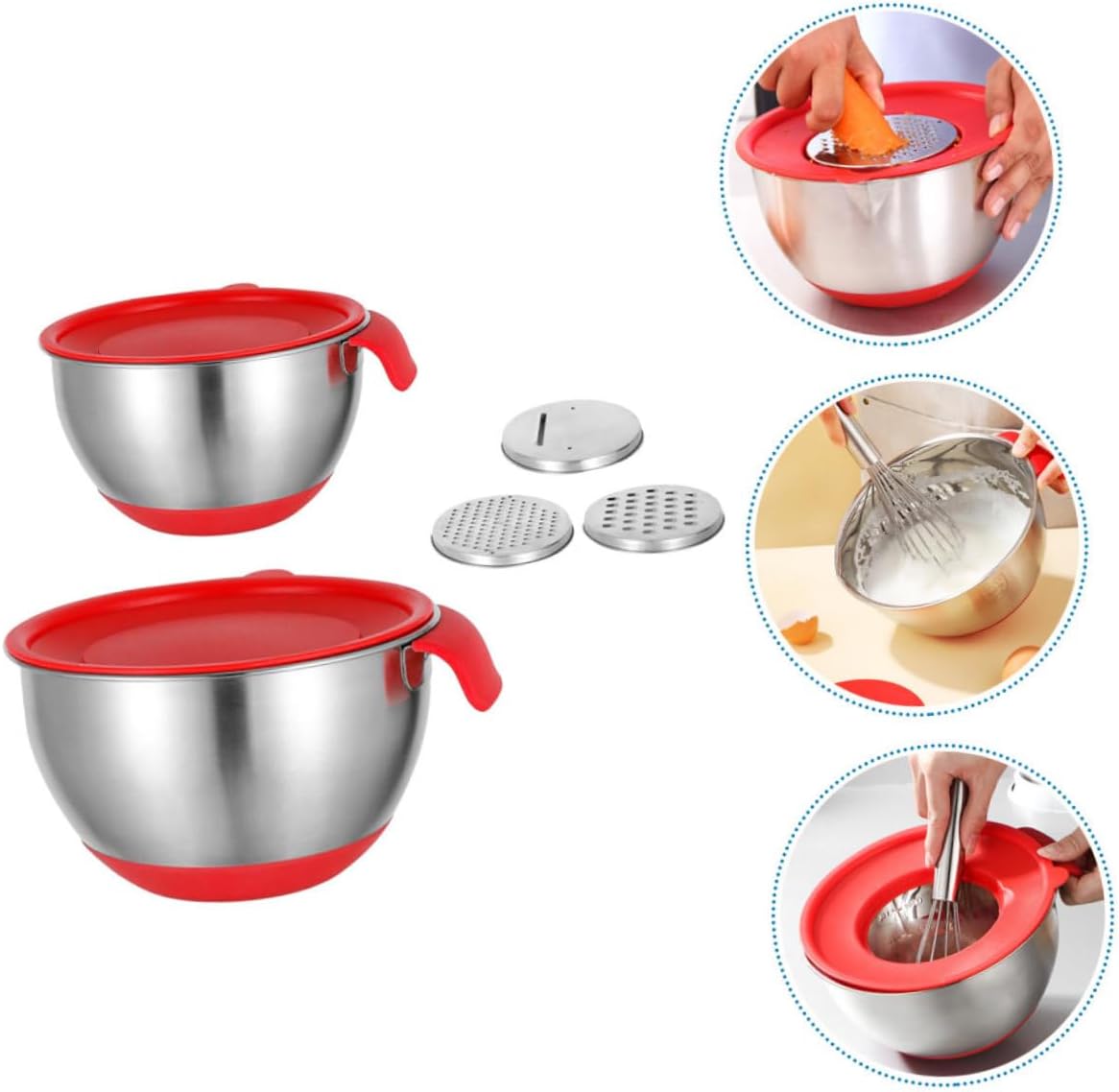 Wakauto Stainless Steel Mixing Bowl with Silicone Non-Slip Base 18Cm 20Cm Red Handle Bowls with Lids Vegetable Peeler Set for Food Prep and Serving