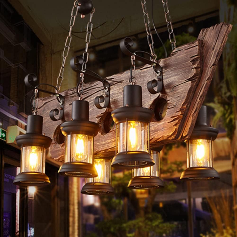 A Million Industrial Wooden Pendant Light, Vintage Retro Hanging Chandelier 6 E26 Bulb Sockets for Farmhouse Kitchen Island Bar Retro Ceiling Light Height Adjustable Fixture