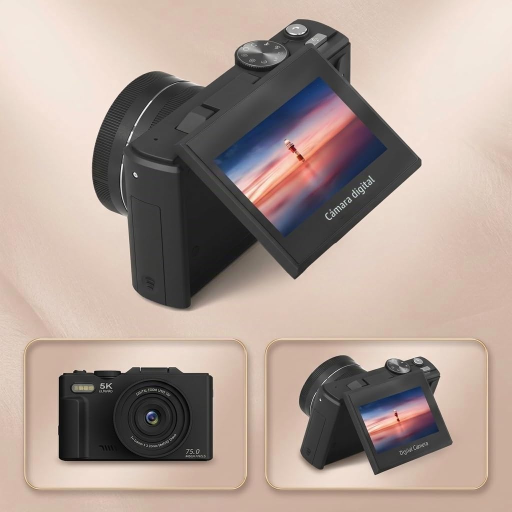 5K Digital Compact Camera Optinexo, Camara Compacta Digital con Zoom 18X y Pantalla Articulada 180 Grados, Tarjeta 32GB Incluida para Viajes y Creacion de Contenido (Negro)