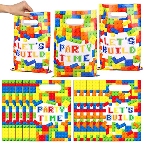 50Pcs Building Block Gift Bags for Building Block Party Favors Plastic Bricks Goodie Candy Treat for Kids Bricks Themed Birthday Baby Shower Party Supplies