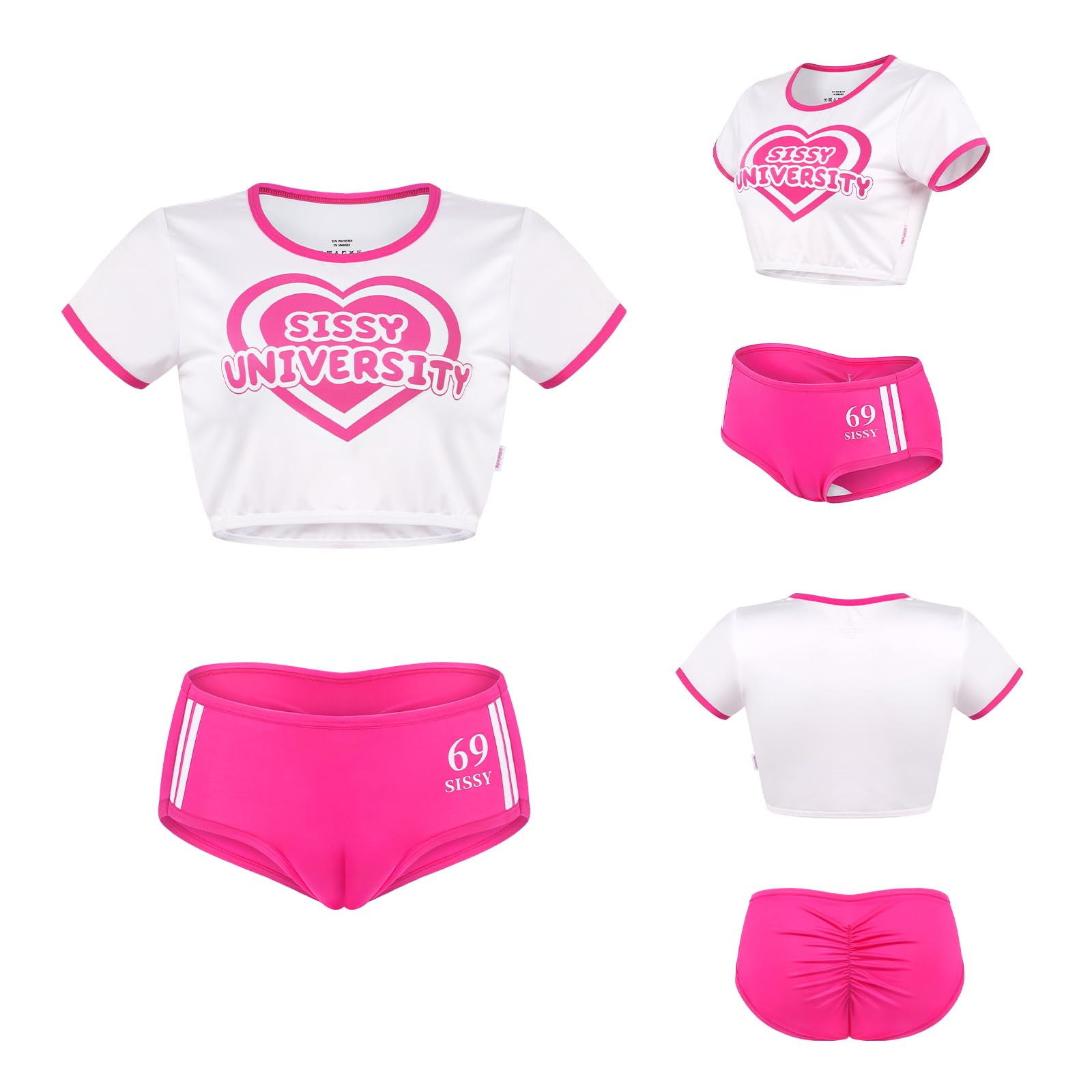 LittleForBig Ensemble Bralette Sissy University Sorority Gym avec Short Intégré à Effet Camel toe et Gaine Tucking - Tenue de Sport Féminine au Style Universitaire
