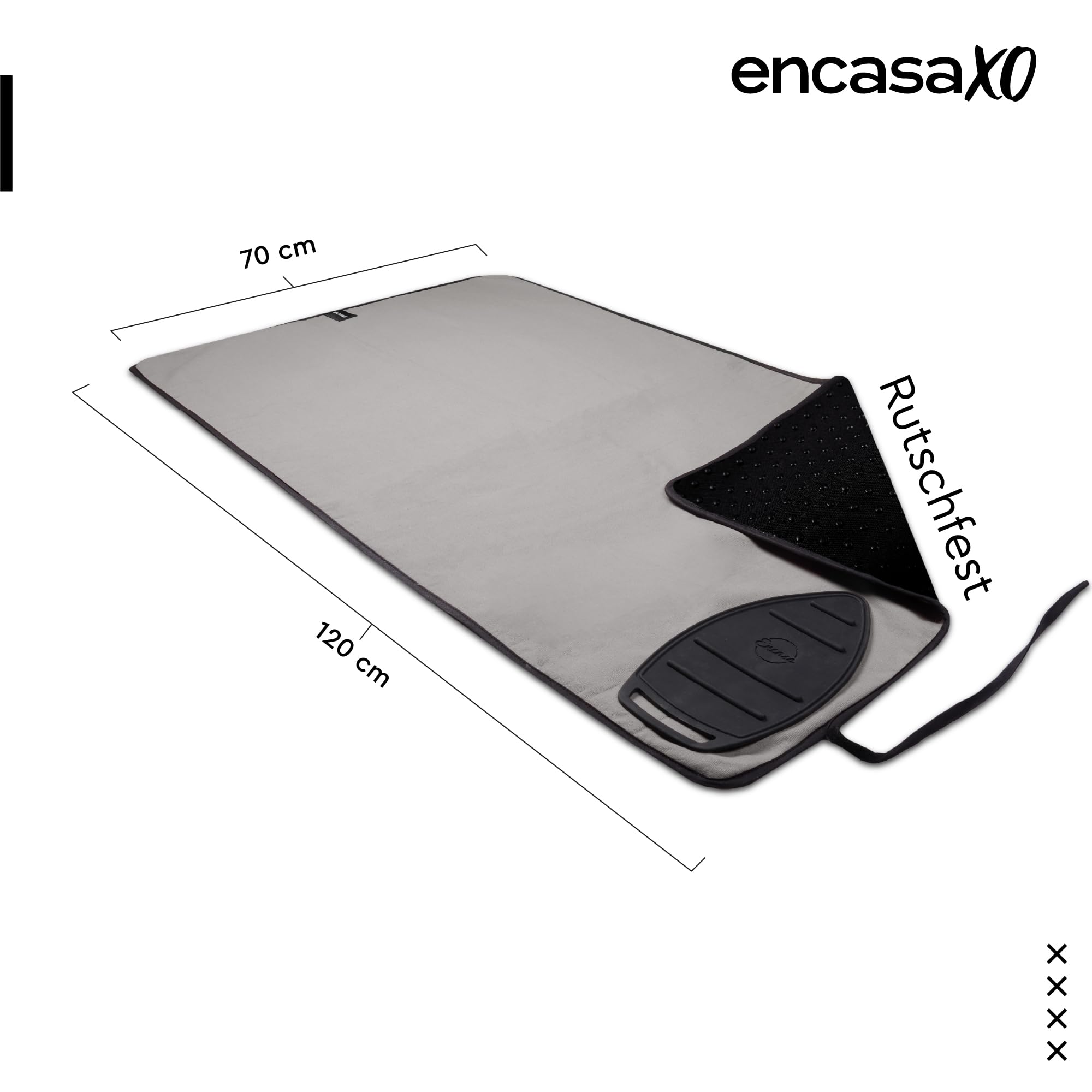 Encasa XO Große Bügelmatte (120x70 cm) mit Rutschfestem Silikonbügelhalter, 3mm Polsterung. Tragbare, Hitzebeständige Decke für Tisch - Grau