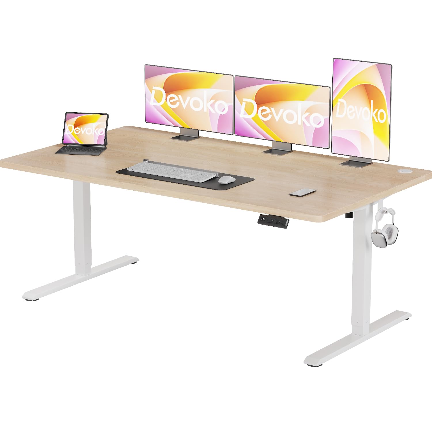 Bureau réglable en hauteur contre le mal de dos grand plateau complet beige