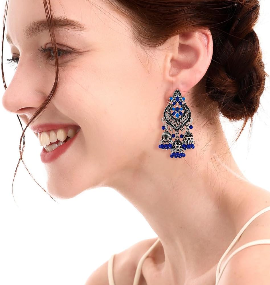 Boho Chandellier Jhumka Statement Dangle Earrings for Women Vintage Large Flower Ball Bead Tassel Drop Dangling Earring Indian Bollywood Jewelry Holiday Festival Christmas Silvery-Blue image 3 of 4 B0DLJT4CHF