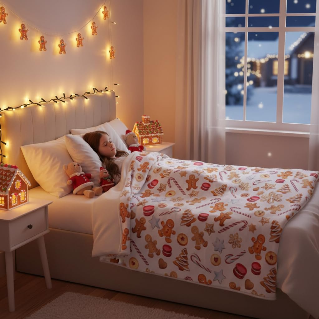 Gingerbread Man Flannel Christmas Throw Blanket, Cute White Xmas Candy Cane Glove Fleece Soft Warm Bed Blanket All Season Sofa/Couch/Chair for Child Adults, 50x60inches