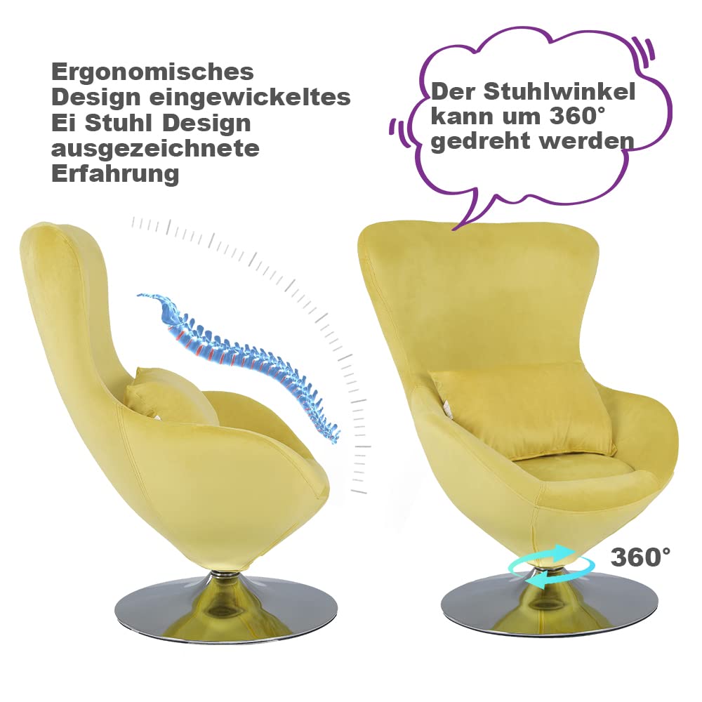 Mingone Cocktailsessel Sessel Lounge Modern Drehsessel aus Samt Einzelstuhl mit Kissen Retro-Design für Wohnzimmer Schlafzimmer (Gelb)