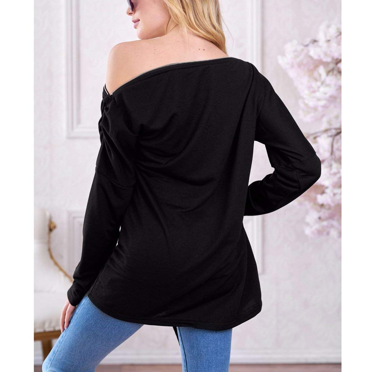 Damska bluzka carmen moda topy z odkrytymi ramionami kobiety nieregularne czyste ubrania kolor koszulka z długim rękawem topy jesień, Czarny, XL