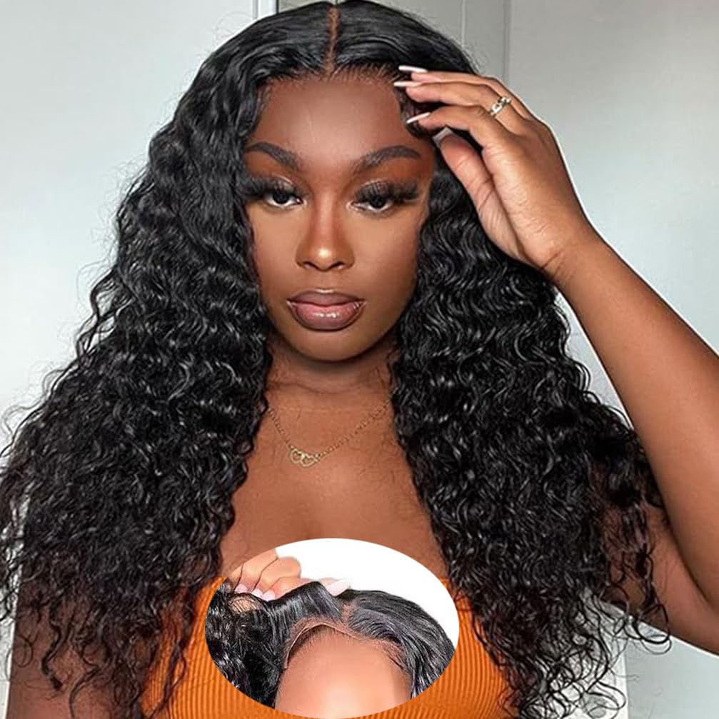 WPPIKK Wear and Go Glueless Wigs Human Hair Pre Plucked Pre Cut Brazilian Deep Wave Lace Front Wigs Human Hair 4x4 Lace Closure Wig for 4x4 Lace Black