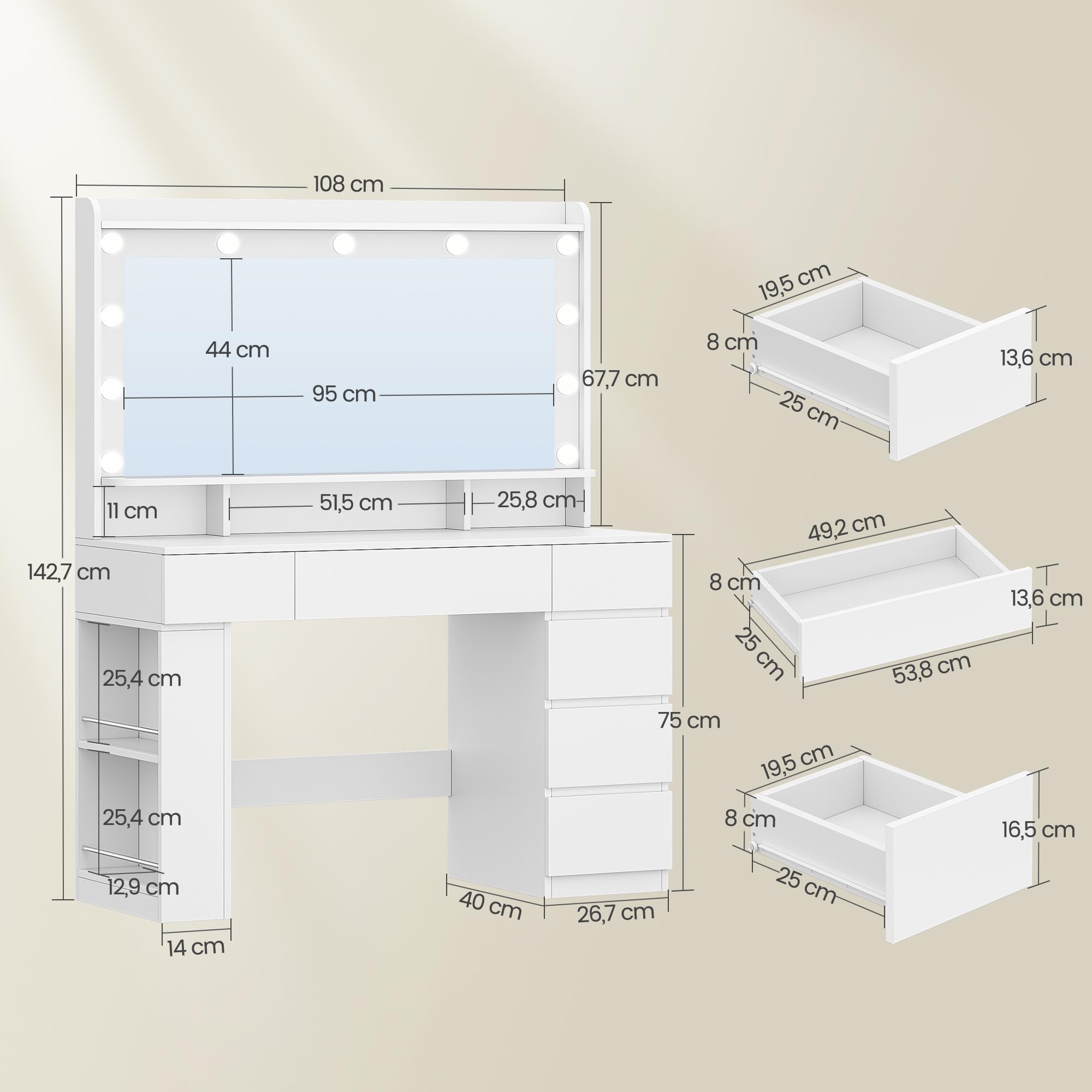 HEXCELEN 108 cm Toeletta da Trucco con Grande Specchio, Bianco
