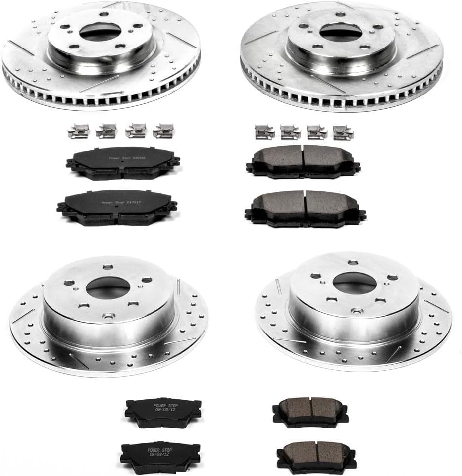 PowerStop Front and Rear Brake Kit For Pontiac Vibe 2009-10 | Toyota Matrix 2009-13 - Drilled and Slotted Disc Rotors with Ceramic Brake Pads Replacement, K4099