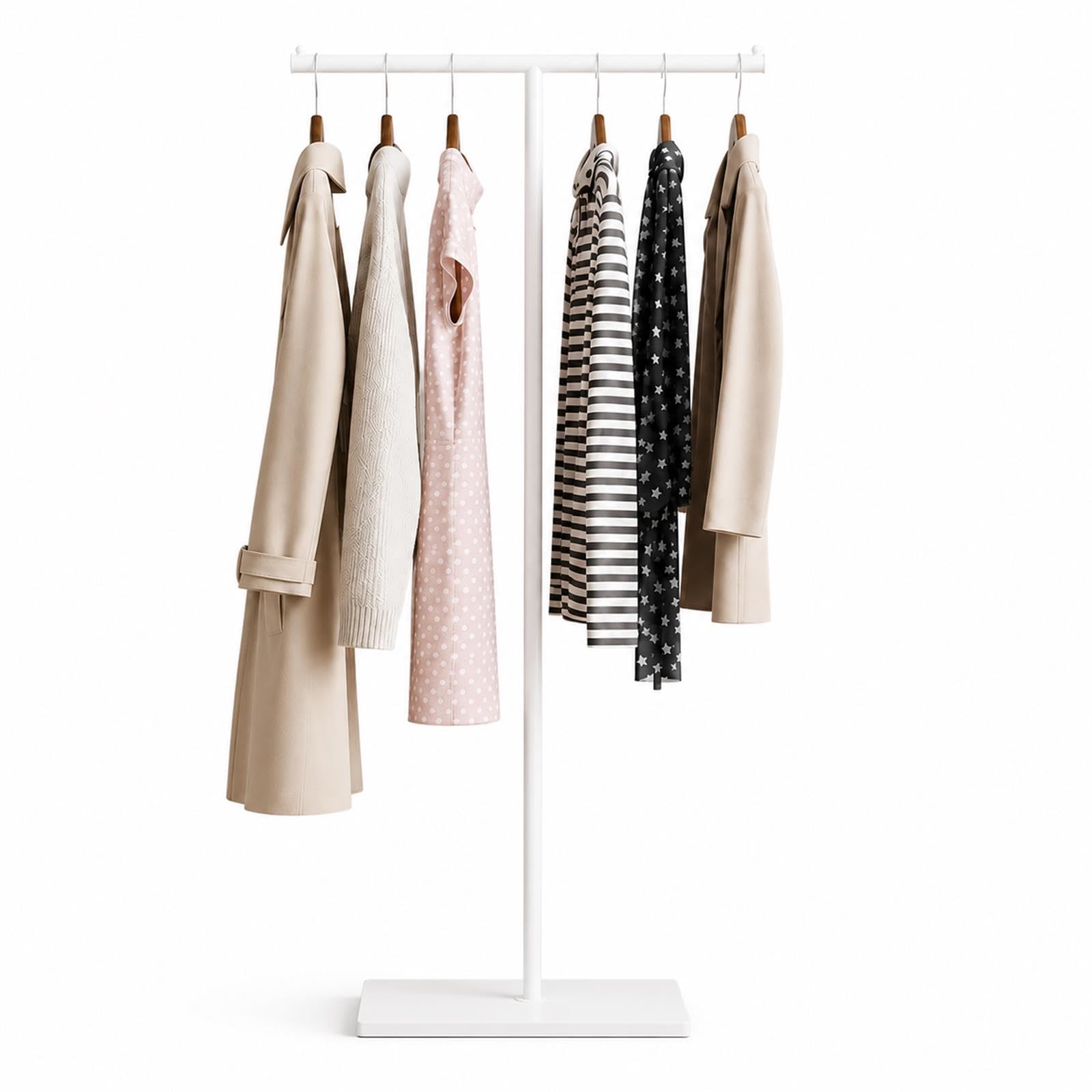 GOOGO T-Shaped Coat Rail Freestanding, Heavy Duty Metal Clothes Rack with Stone-Effect Base, 175 cm Modern Coat Stand for Hallway, Entryway, Bedroom, Office, Cloakroom (White)