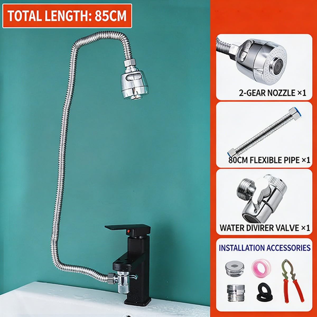 Pack 3 Extensor Grifo Ducha Flexible Manguera Universal 85cm Acero INOX Cromado Cocina Baño Lavabo Lava Pelo Mascotas Limpieza Instalación Fácil