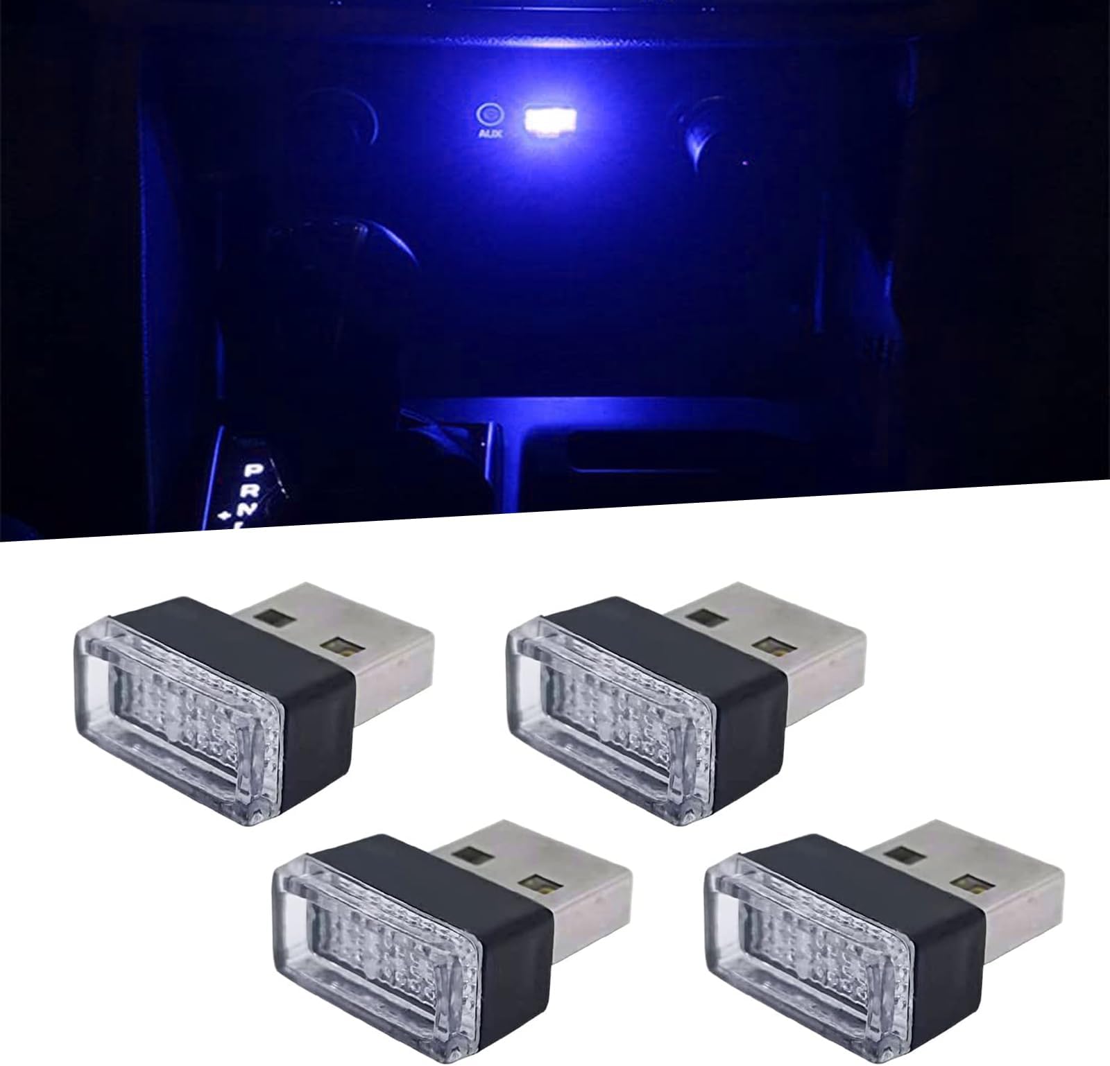 ZKFAR Pack-4 Night LED Decoration Mini USB Light, USB-LED Car Interior Atmosphere Lamp, Ambient Lighting Kit, Charging for Interior LED Lights (Blue)