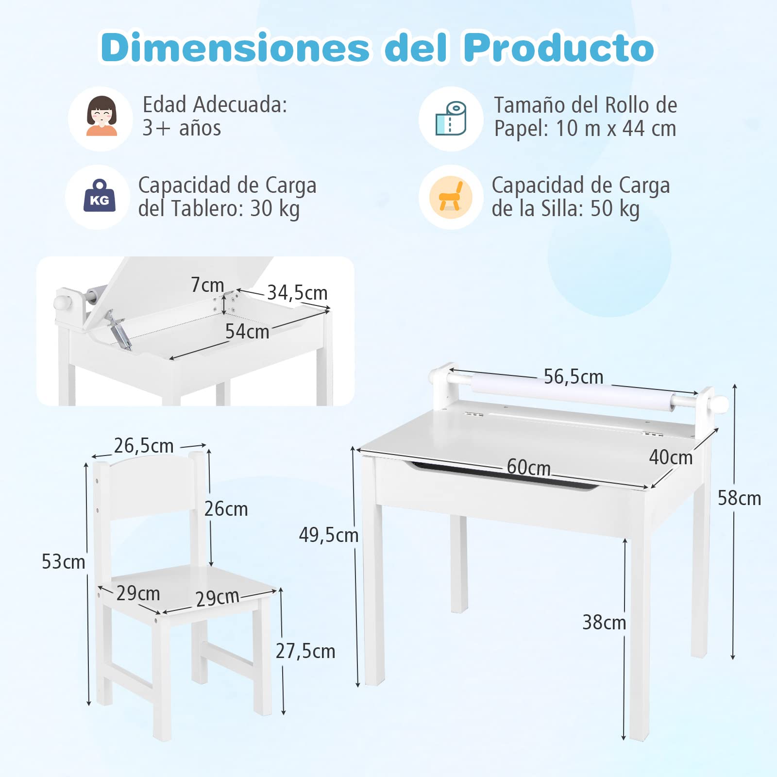 COSTWAY Juego de Mesa y Silla Infantil de Madera, Mesa de Actividades para Niños con Silla, Escritorio Infantil con Soporte para Rollo de Papel para Dibujar, Estudiar y Jugar (Blanco)