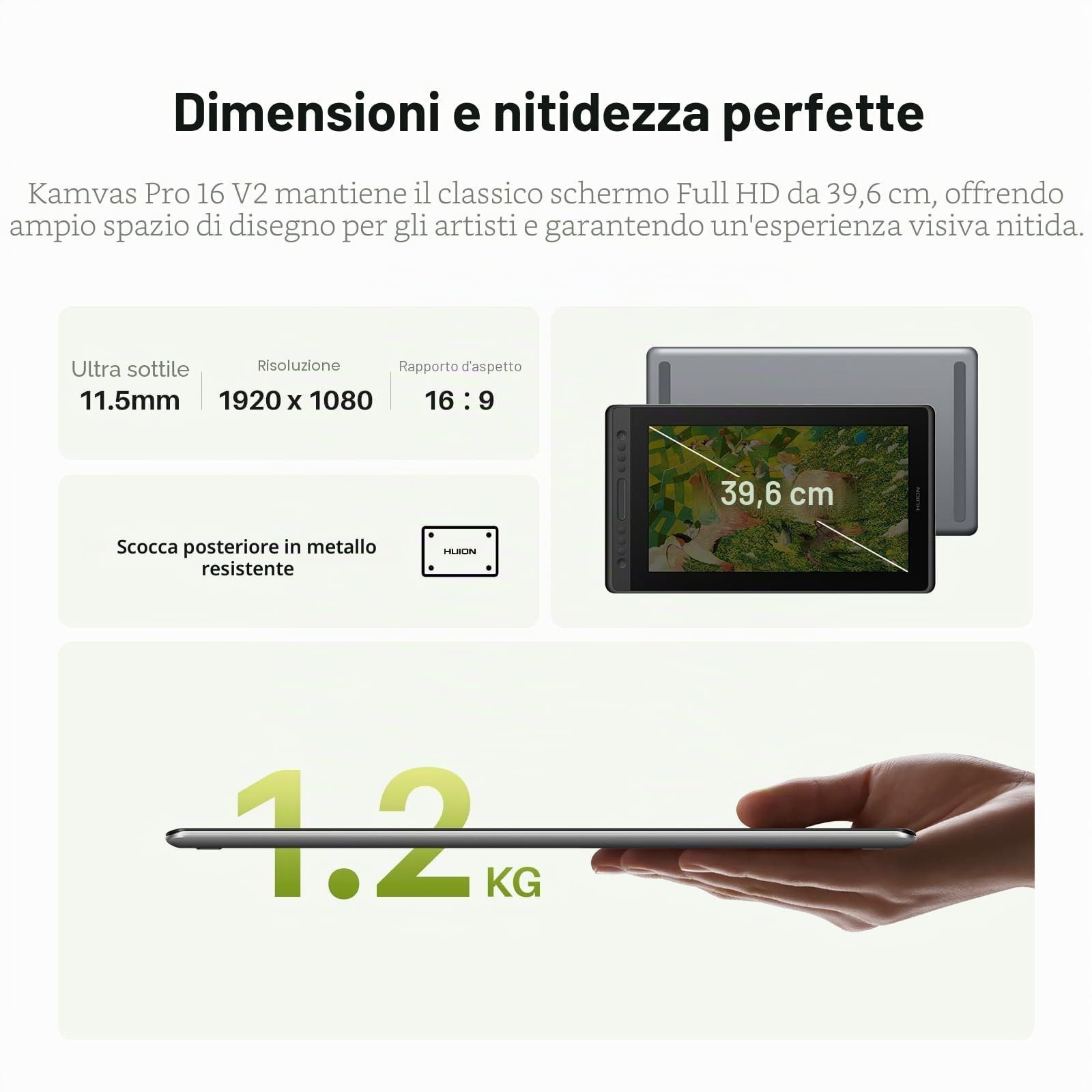 HUION Kamvas Pro 16 V2 Tavoletta Grafica con Schermo, PenTech 4.0, vetro AG completamente laminato da 15,6 pollici, 16384 Pressione Penna, copertura sRGB al 99%, compatibile con Windows e Mac.