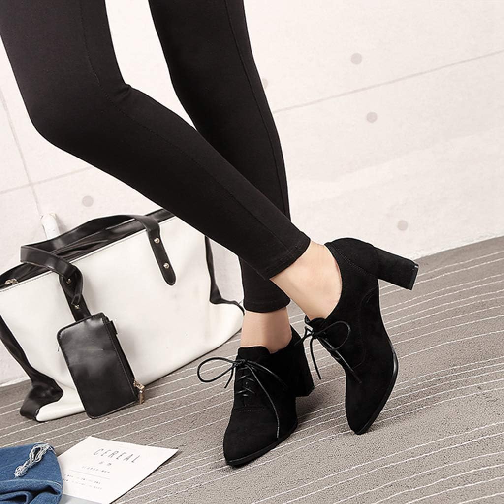 MIOKE Women's Pointed Toe Lace Up Pump Oxfords Vintage Suede Chunky Block Mid Heel Brogue Office Dress Shoes