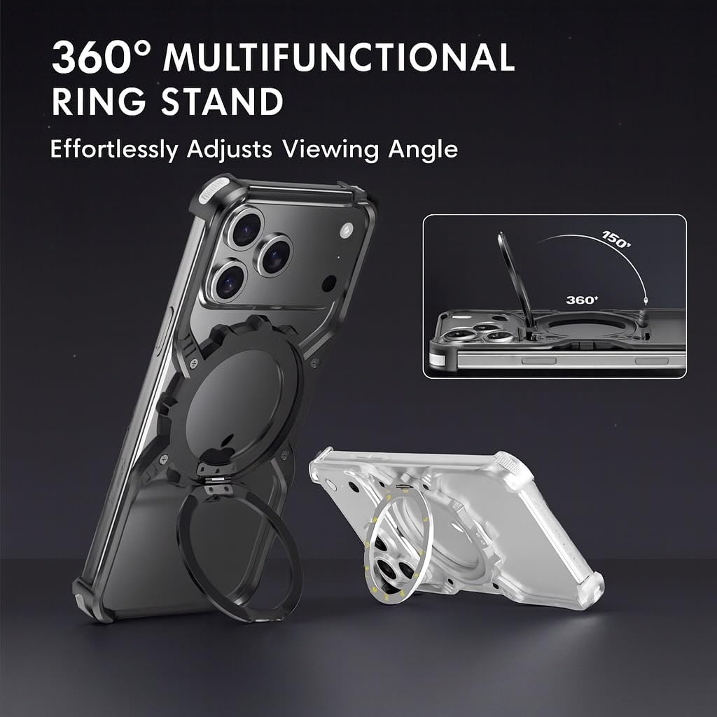 X Metal Frame Case for iPhone 17 Pro Max / 17 Pro / 17, Aluminum Alloy Frameless Cover with 360° Rotating Kickstand, Shockproof Corners, Magnetic, Night Glow Slim Design(Orange,17)