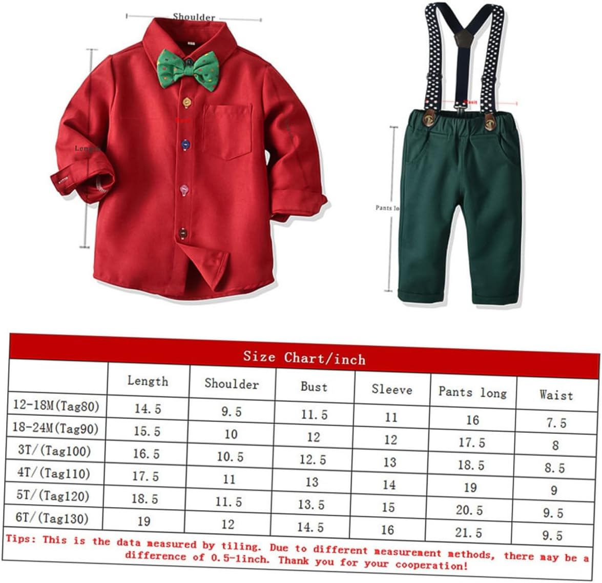 Christmas Suit Set for Boys – Long Sleeve Bow Tie Shirt with Red Suspender Trousers, Festival Outfit for 120cm Height, Holiday Party Clothing Set