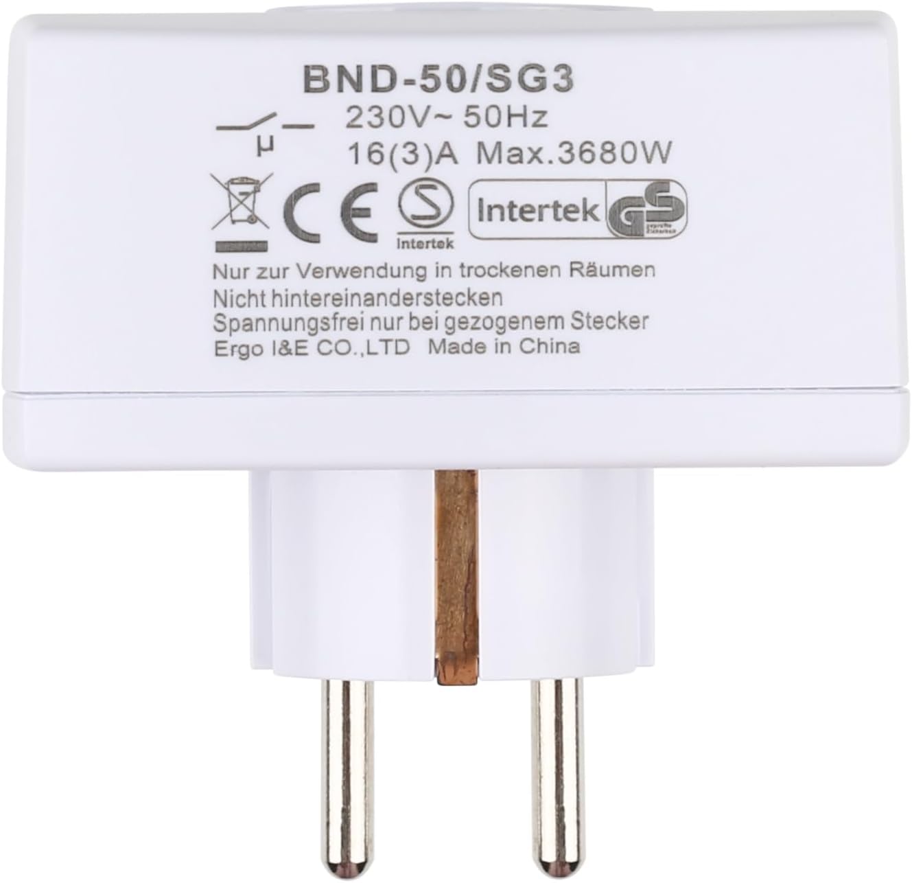 Back of the HBN Digital Timer Plug showing model number BND-50/SG3, electrical ratings (230V~50Hz, 16(3)A Max.3680W), and CE and Intertek certifications.