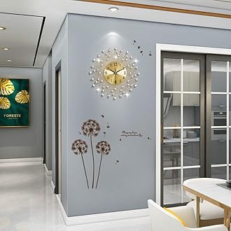 Large Wall Clocks for Living Room Decor Modern Gold Silent Wall Clock Battery Operated Non-Ticking for Bedroom Kitchen Home Decorative 14 Inch Round Metal Crystal Wall Watch Clock for Office