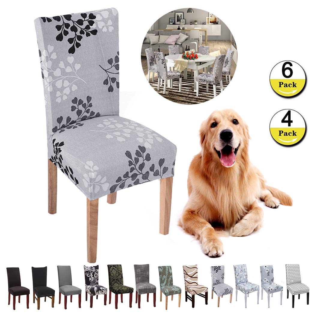JunYitoChair Covers Dining Chair Covers Slipcovers Top Chair Protector for Dining Room Hotel Ceremony Banquet Wedding Party Décor (I-grey Leaf, 6 Pcs)