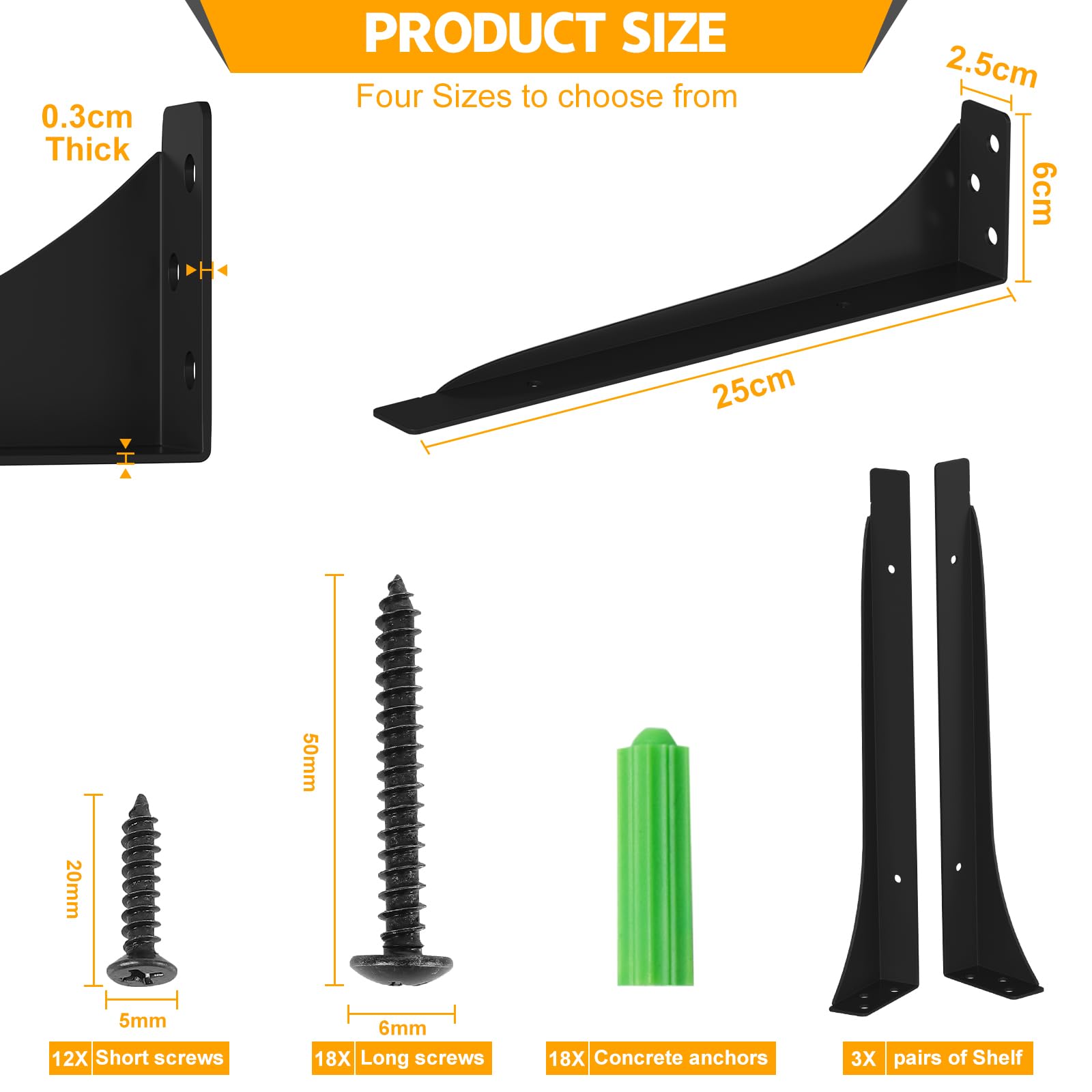 Mordx 6pcs Heavy Duty Metal Shelf Brackets - 90° Wall Mount, Floating, Black, 25CM - Image 2