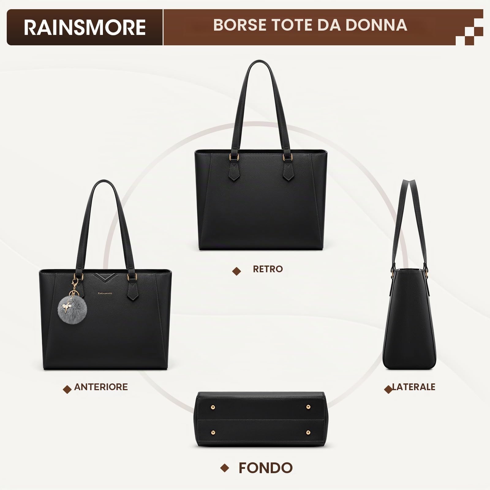 RAINSMORE Borsa Donna Grande Borsa Università Impermeabile Borsa Lavoro Donna Pelle PU Borse Shopping Tote Con Pompon Staccabile per Ufficio Scuola Viaggi