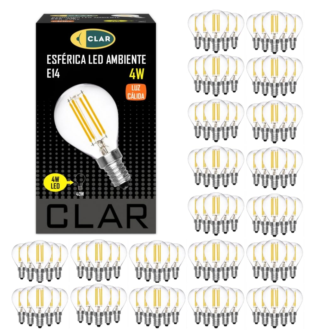 CLAR - Bombilla Led 4W, E14, Pequeña, Vintage, Casquillo Fino, Esférica Luz Cálida 3000ºK (Pack 100)