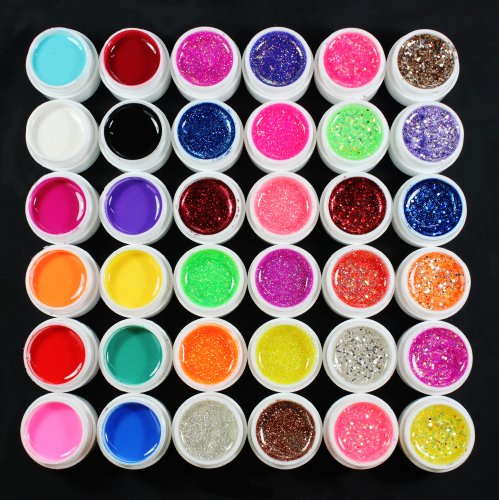 36 Pcs Mix Color Solid Pure Glitter Dust Hexagon Sheet UV Builder Gel Set Nail Art Tips