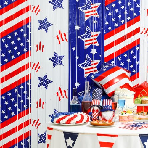 Image of Veterans Day Decorations 3 Pack 3.3 x 6.6 ft Red White Blue Foil Fringe Curtains Veterans Day Backdrop Patriotic Photo Backdrop Streamer for Independence Days Memorial USA Labor Party